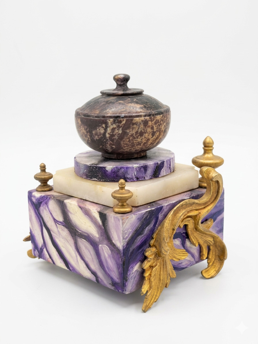 Napoleon III Style French Inkwell With Gilt Bronze Appliques and Marble Basin
