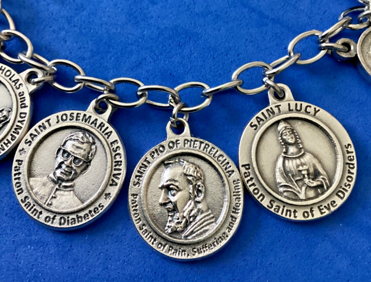 Custom Religious Catholic Saint Medal Charm Bracelet HEALING SAINTS Therese Rose