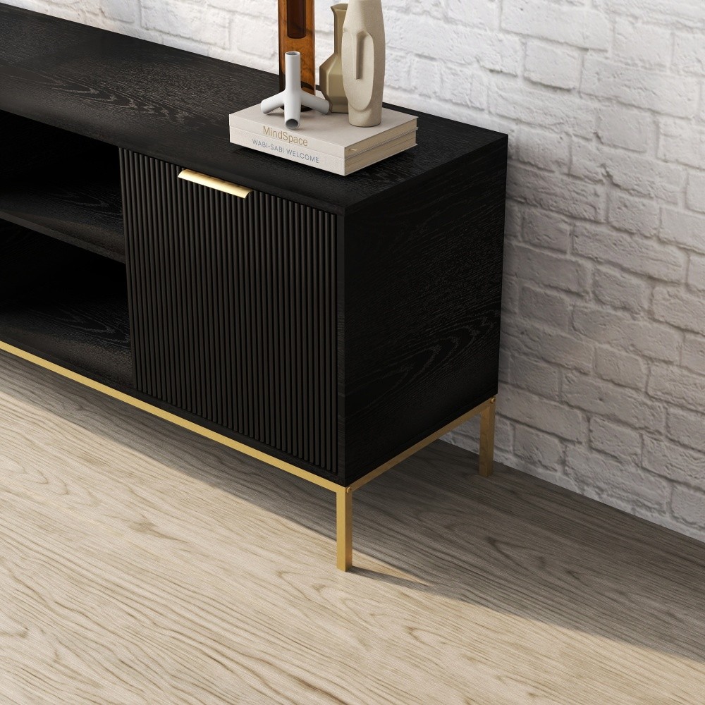 Mid Century Modern TV Stand w Wave Doors Gold Legs Soft Close