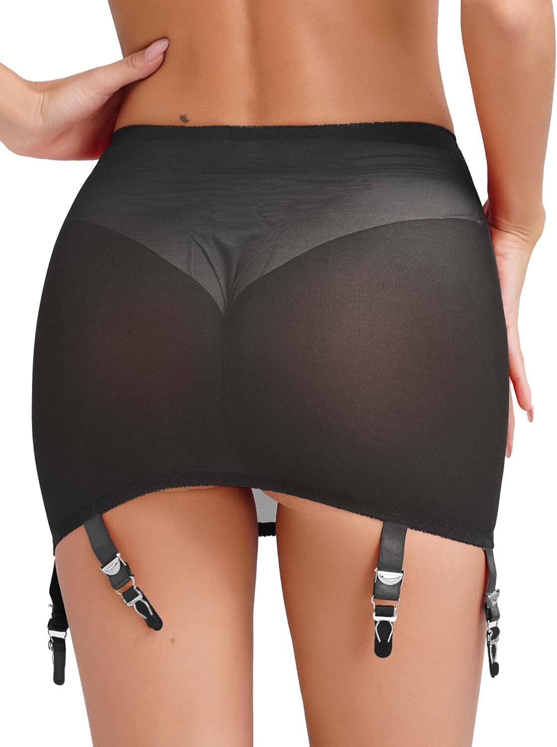 Luxallacki High Waist Sheer Mesh Garter Girdle 6 Straps Belt Mini Skirt Lingerie