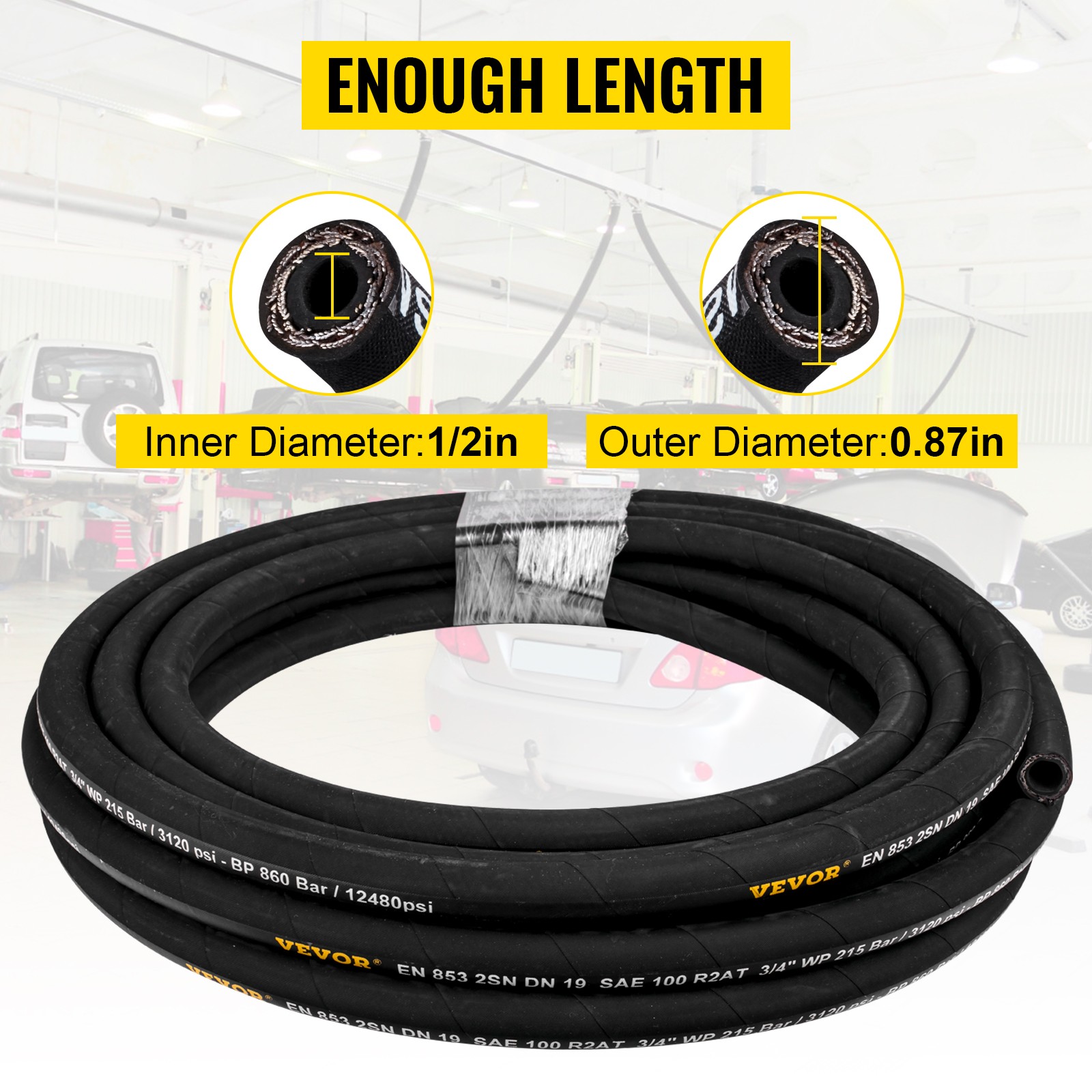 VEVOR 1/2" SAE Hydraulic Hose - 100ft Coiled, R2 Steel Wire, 4000 PSI WP