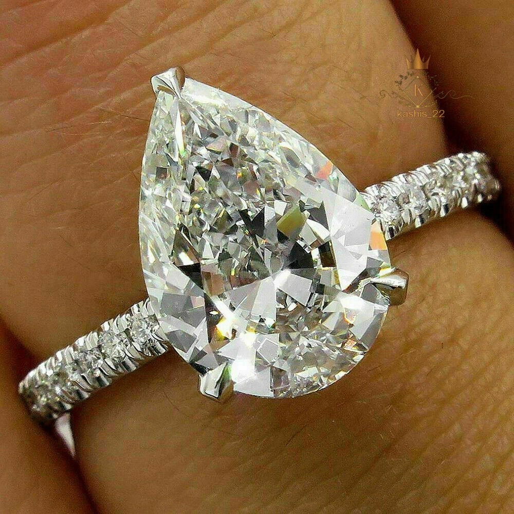 2.90 Carat Pear Cut Moissanite Hidden Halo Engagement Ring Solid 14K White Gold