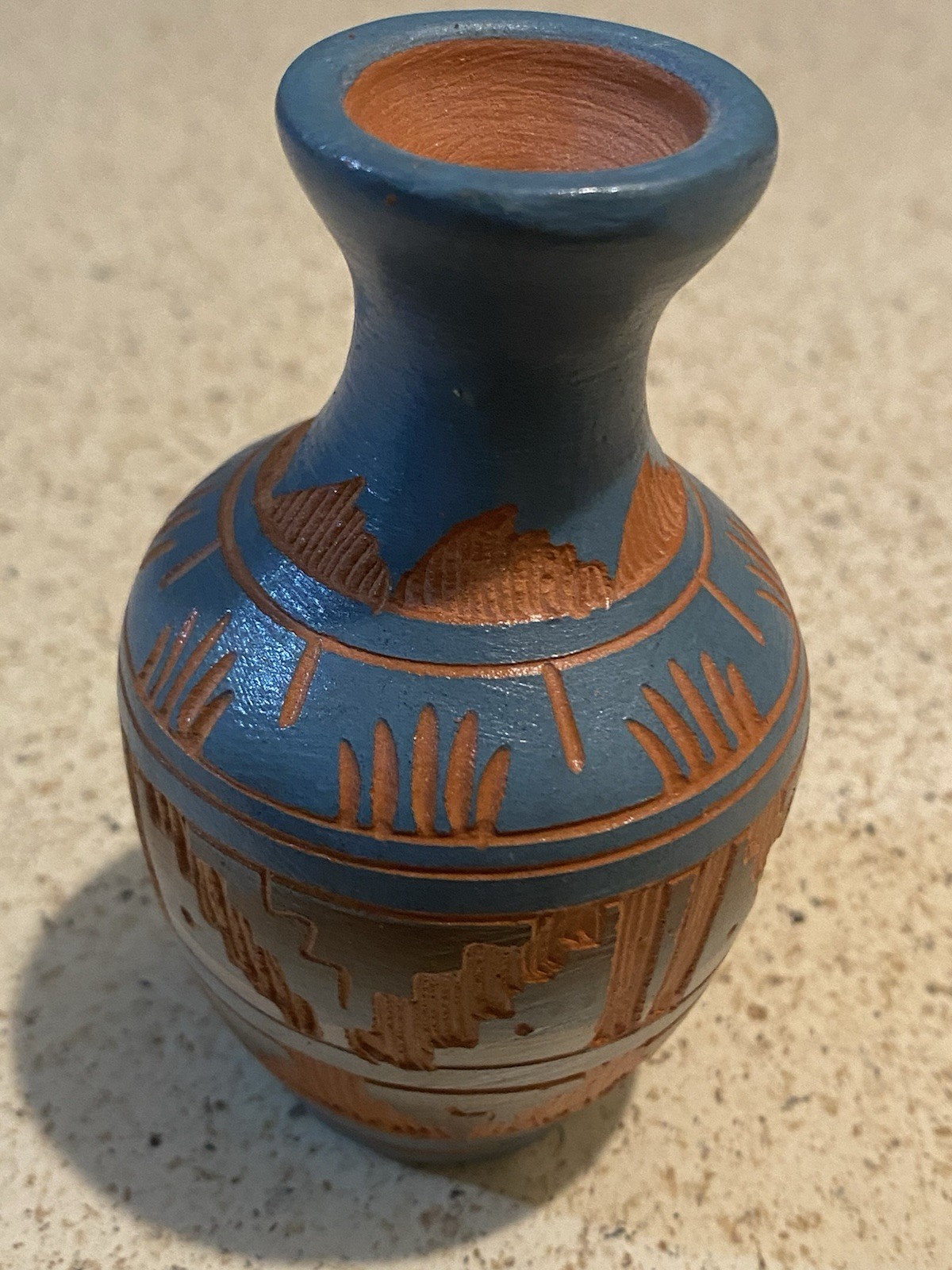 Signed Navajo Miniature Red Clay With Blue Overlay Etched Pottery Vase 4”