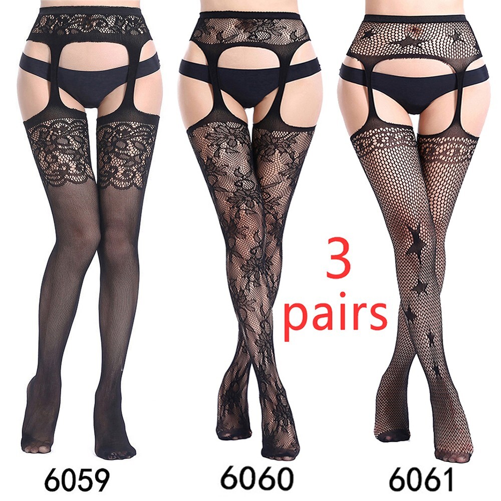 3 Pairs Sexy Stockings Lace Thigh High Stockings With garter belt Pantyhose