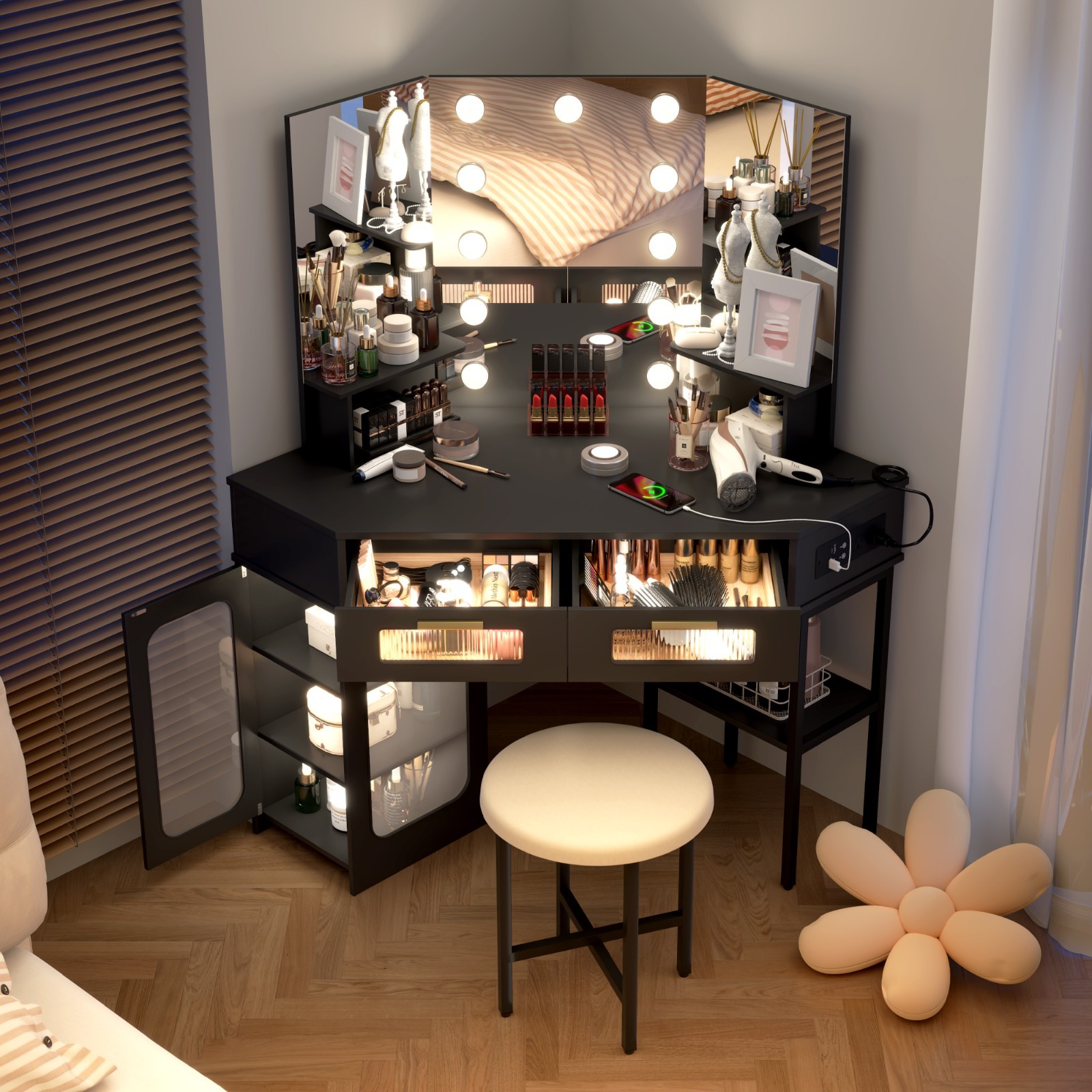 Corner Vanity Desk with Mirror and Lights, Makeup Table with Charging Station