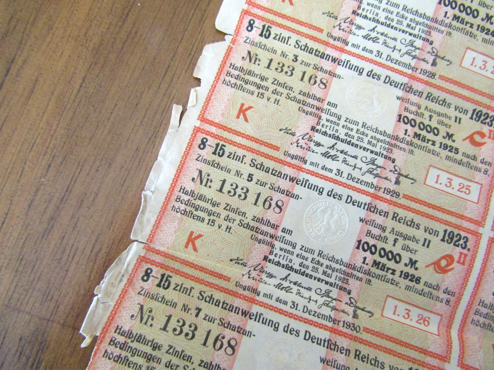 1923 8-15 zinfige Schatzanweifung des Deutfchen Reichs 1000000 German Bond