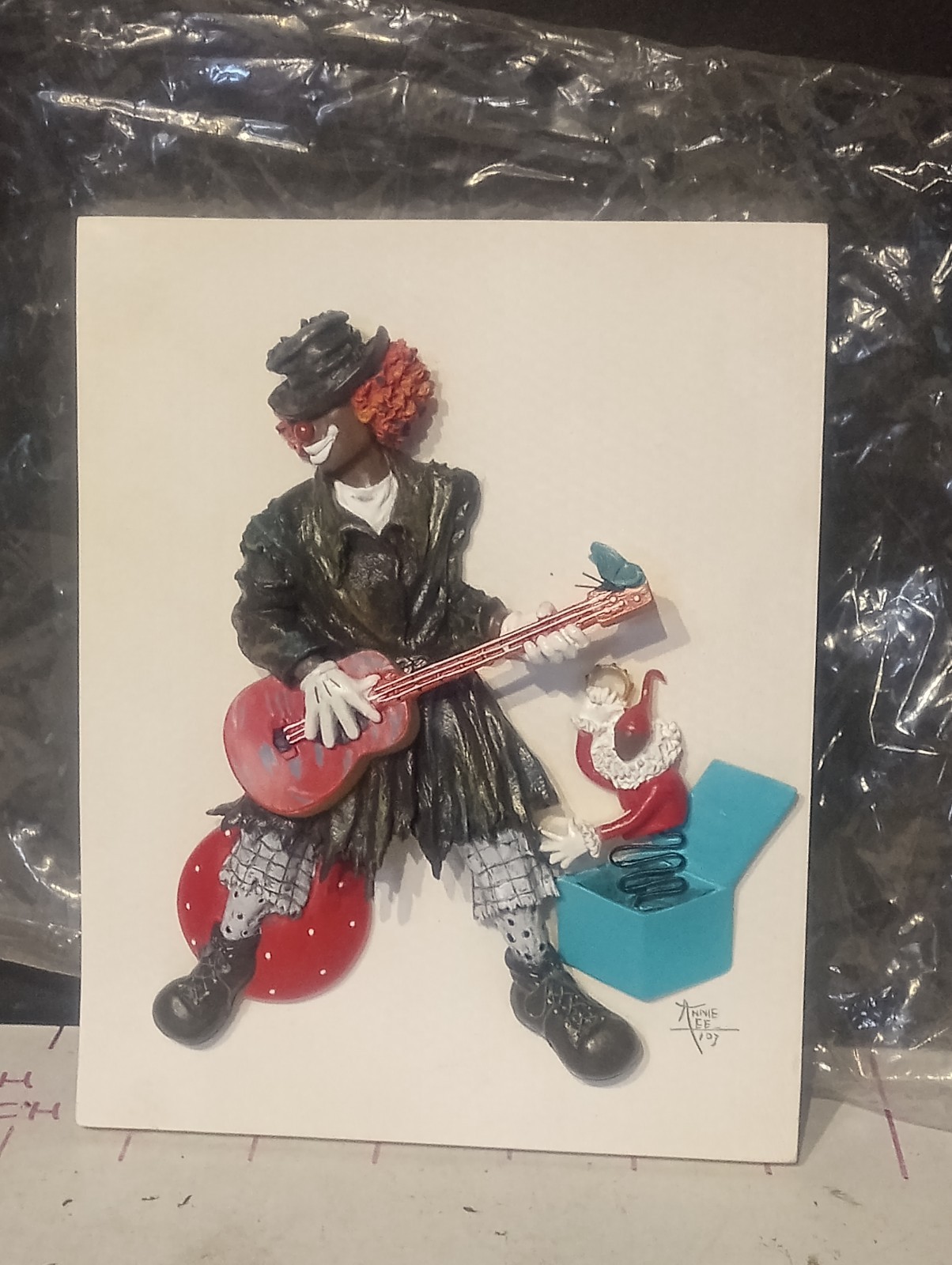 Vintage Annie Lee Red Ball and Butterflies CLOWN GUITAR CERAMIC WALL PLAQUE
