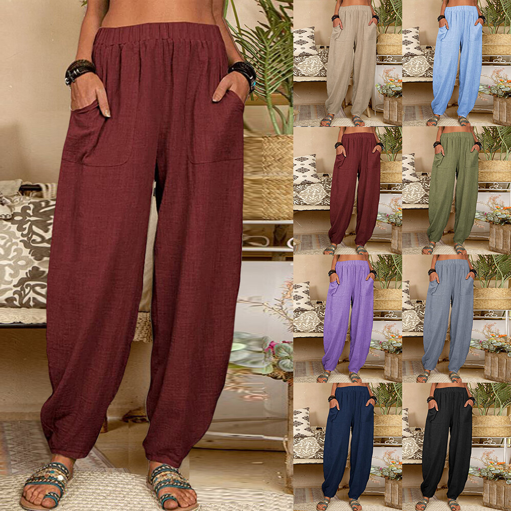 Womens Cotton Linen Elastic Waist Pockets Harem Pants Wide Leg Trousers Bottoms