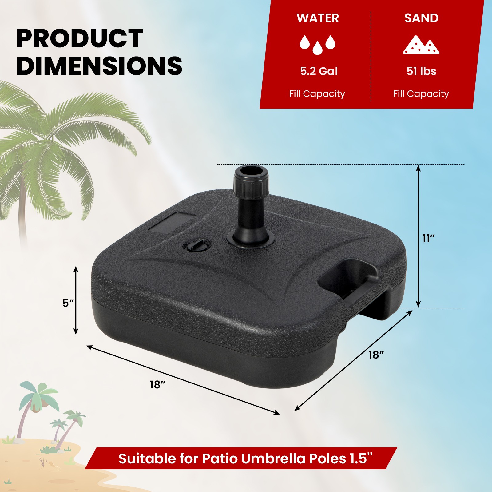 Patio Fillable Umbrella Base Stand Water&Sand Filled Weighted Market Pole 1.5"