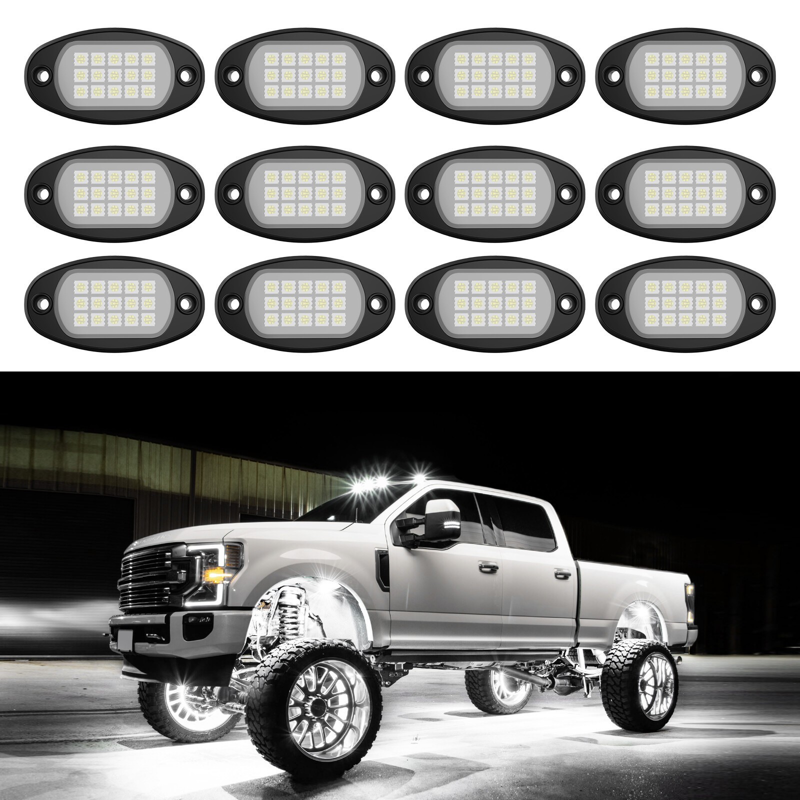12x Pure White LED Rock Lights Underbody Glow Lamp for Offroad SUV Pickup Truck