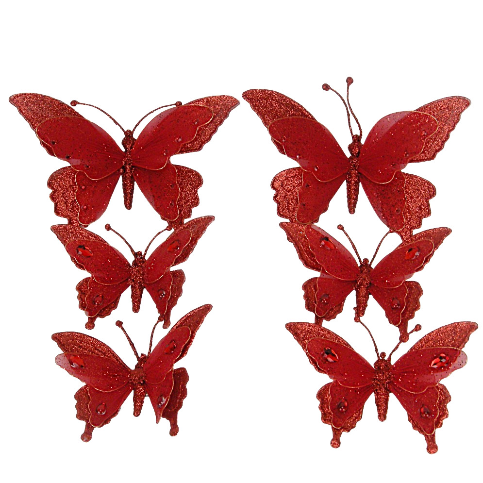 Glittered Red Butterfly Clip On Craft Decorations Floral 2 Large 4 Medium Set