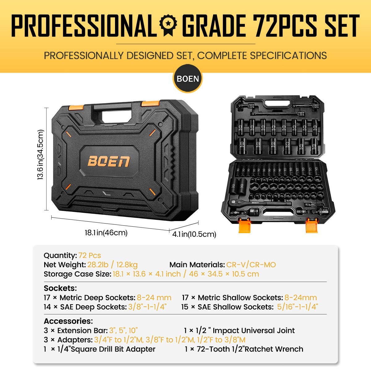 72 Pcs 1/2" Drive Impact Socket Set,Standard SAE (5/16"-1-1/4") & Metric(8-24mm)