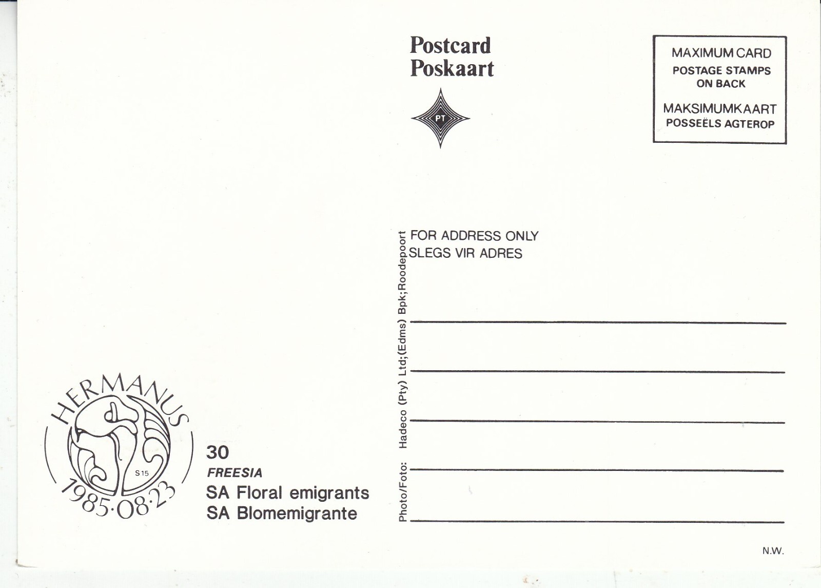 South Africa 1985 Freesia Maximum Card special cancel unaddressed VGC