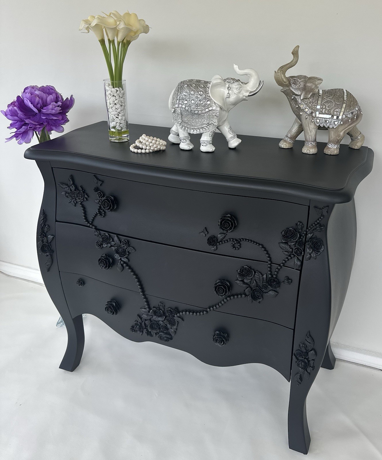 Matte Black Bombay Style Dresser/Nightstand/ Entryway Table