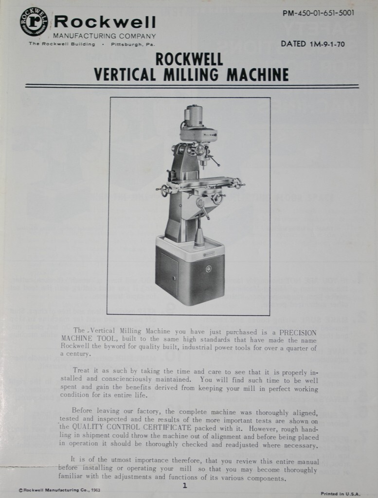 ROCKWELL Vertical Mill Machine Owner Operator Parts Manual ORIGINAL