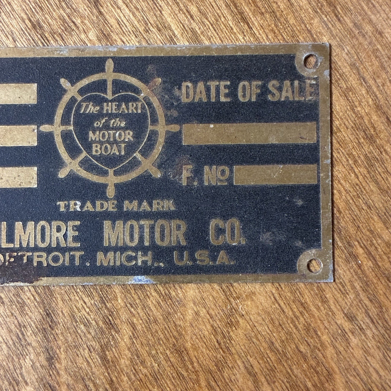 Gilmore Motor Co Tag Marine Engine Boat Brass Makers Badge Detroit MI Vintage