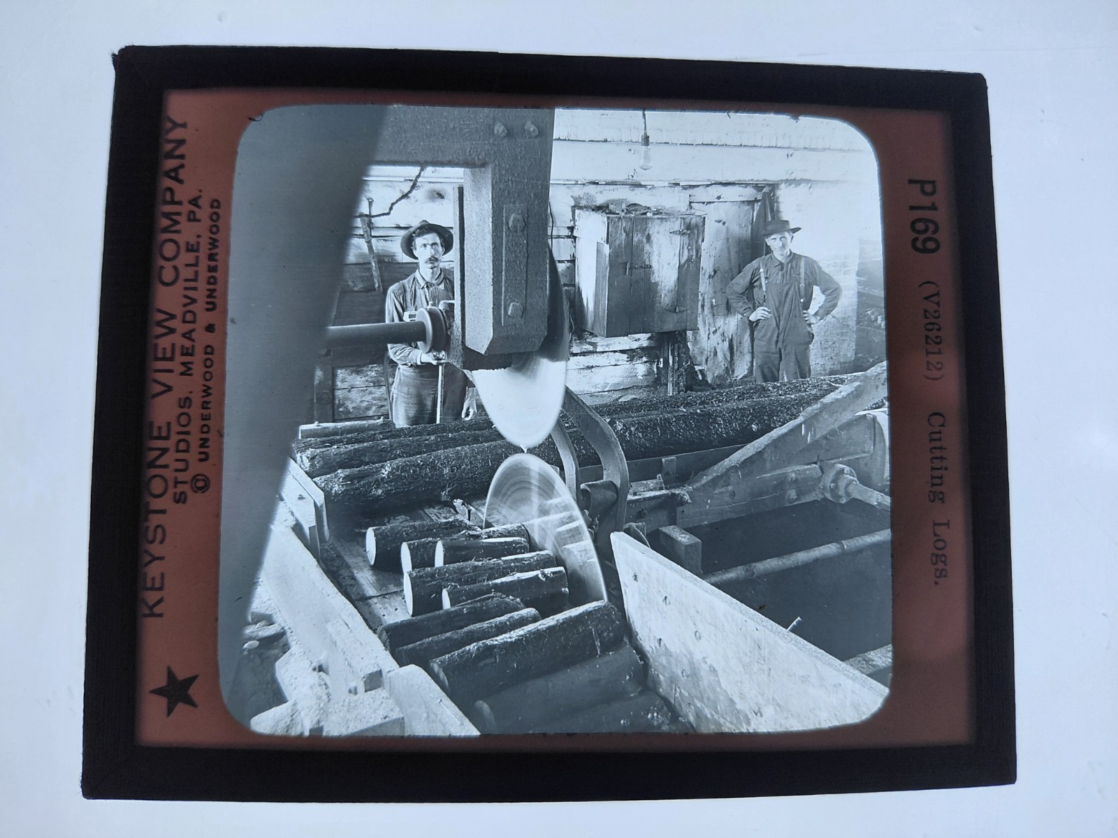 Magic Lantern Glass Slide Photo Keystone P169 Cutting Logs Saw Mill