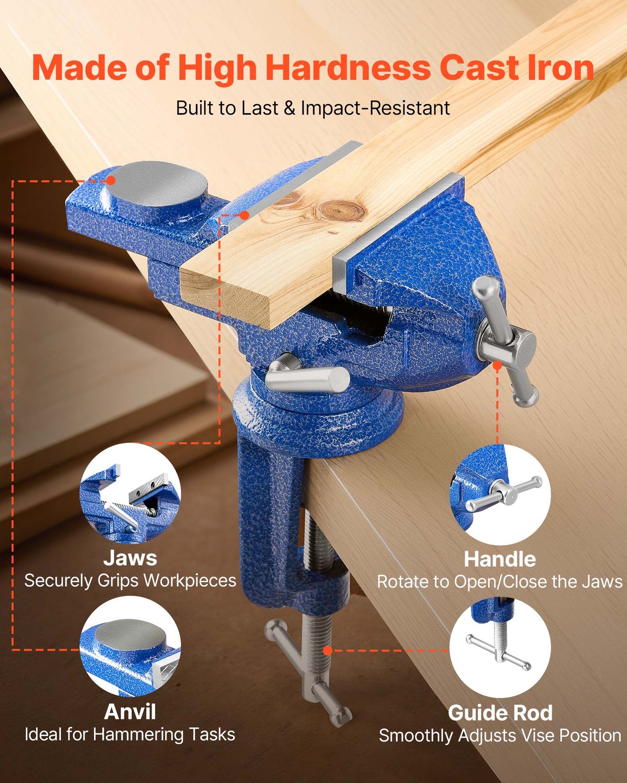 VEVOR Bench Vise 3 Inch Portable Workbench Vice Clamp 360° Swivel Base Cast Iron
