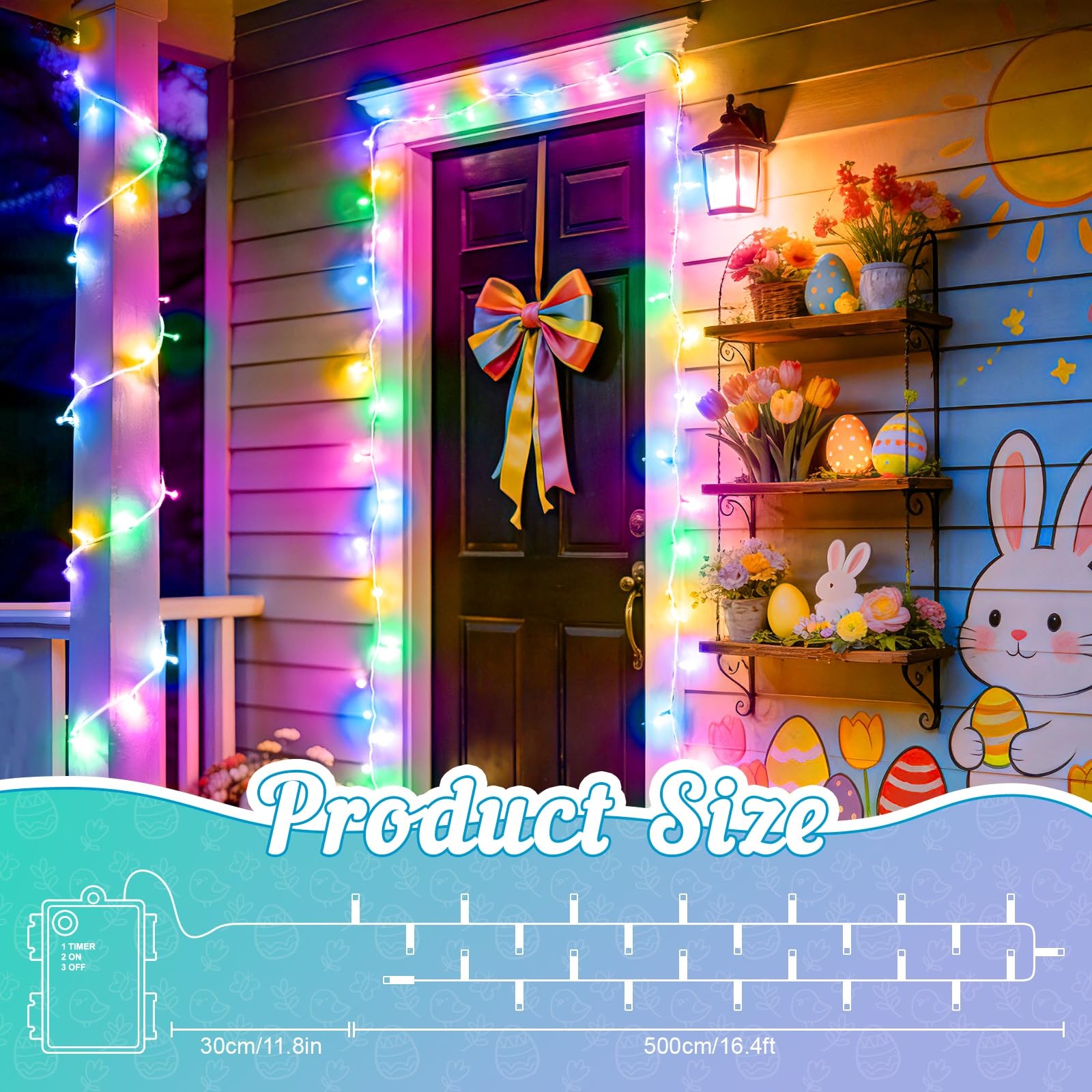 16.4ft 50LED Pastel Easter String Lights Battery Timer White Wire Fairy Garland