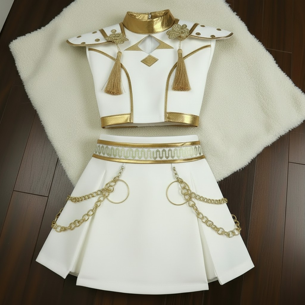 Girls K Pop Rumi Inspired Costume Set, White Gold, 3 Piece Kids Birthday Party H