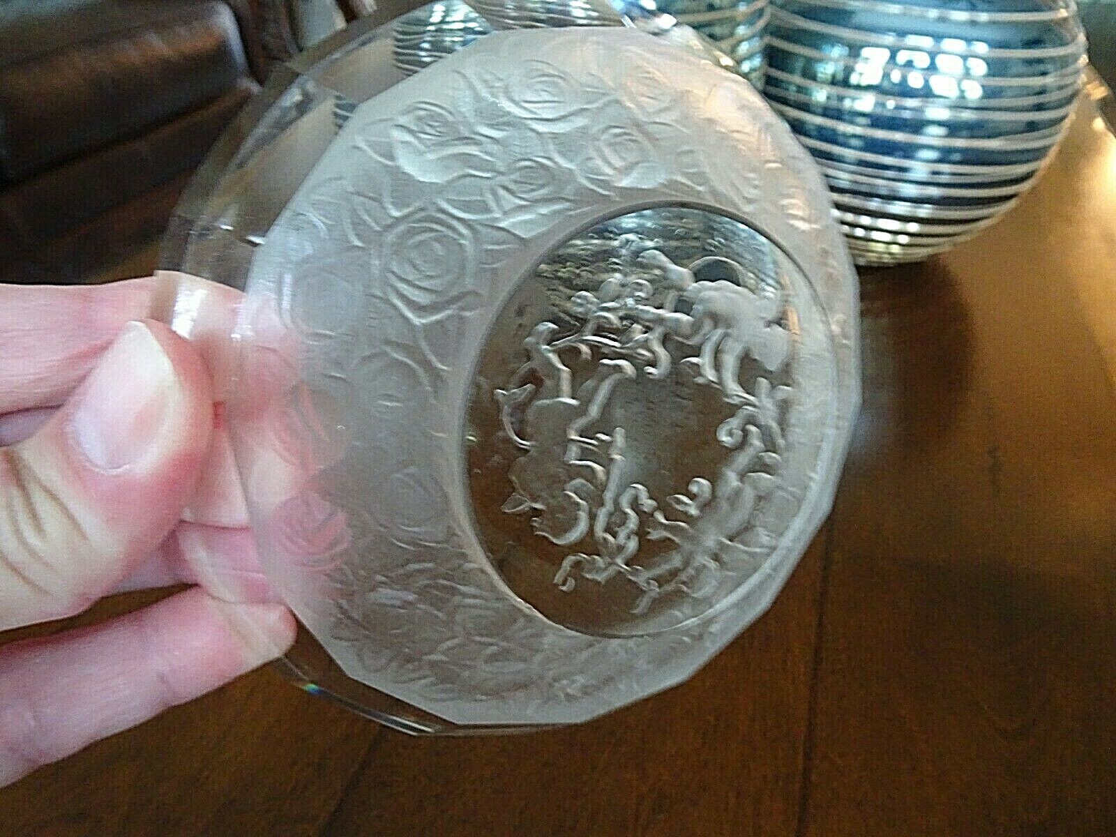 1930's Hoffman Bohemian Art Glass Crystal Frosted CHERUB & Roses Trinket Dish