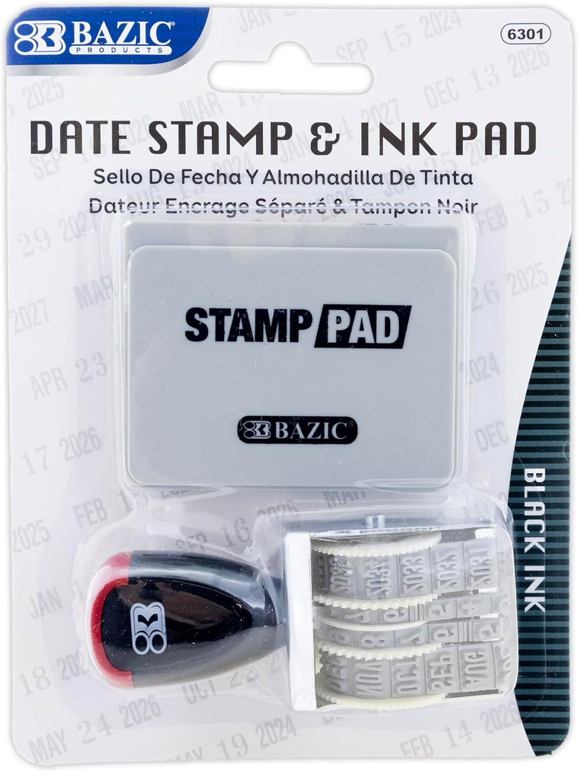 BAZIC Date Stamp and Ink Pad (Black Ink), 12 Years of Dates, Nickel-Plated Steel