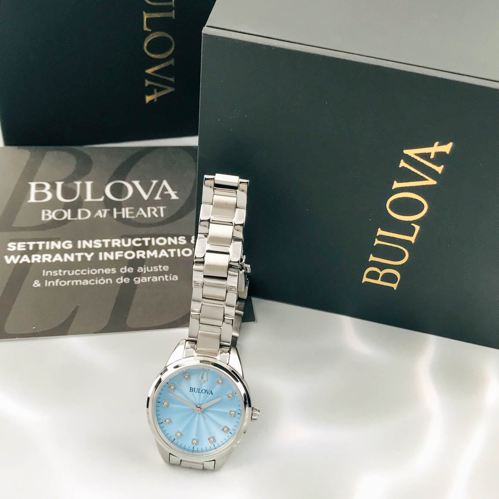Bulova Classic 96P250 Sutton 11 Diamonds Blue Dial Women's Quartz Watch 28mm