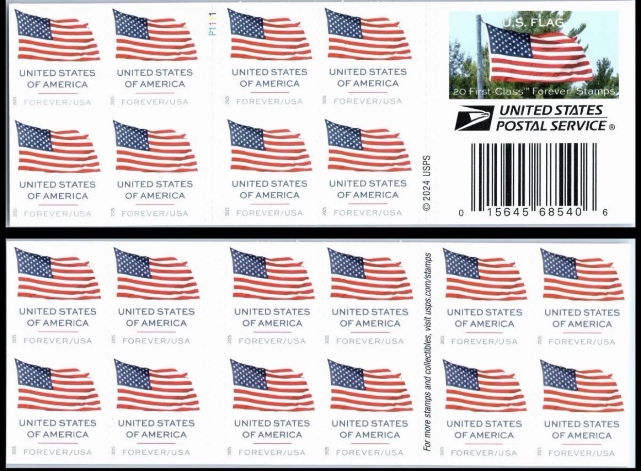 2025 USPS SHEET OF 20 FIRST CLASS LETTER STAMPS U.S. FLAGS 78¢
