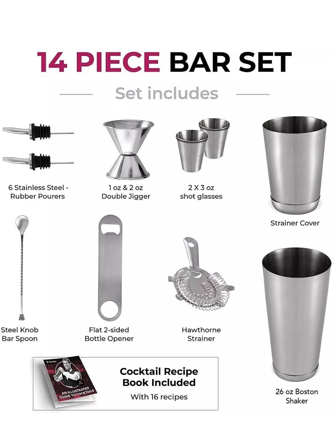 FineDine Expert Cocktail Shaker Home Bar Set - 14 Piece Stainless Steel Bar Kit