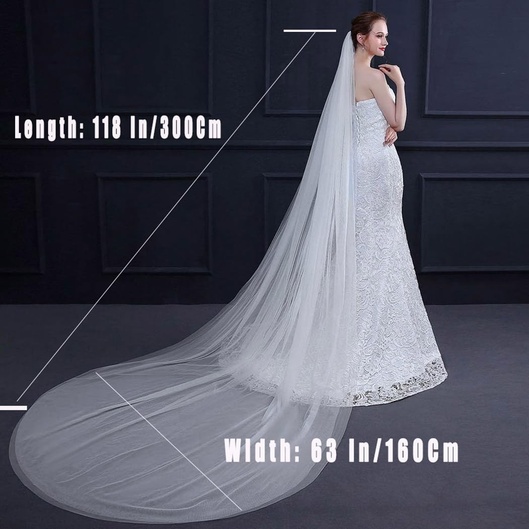 Ursumy Wedding 2T Veil Long Cathedral Soft Tulle free size, White-2 Tier
