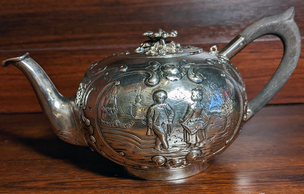 800 silver Tea Pot Germany Hanau Genre Scene  19 century  367 grams