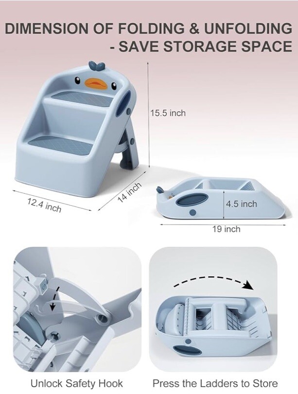 Toddler Kids Step Stool for Bathroom Sink | Foldable 2 Step Stool for Kids Blue