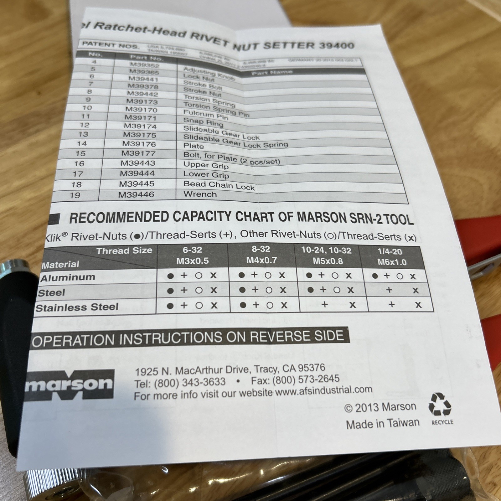 Marson Swivel Head Rivet Nut Setter SRN-2 Klik Turn Mandrels And Nosepiece 39400