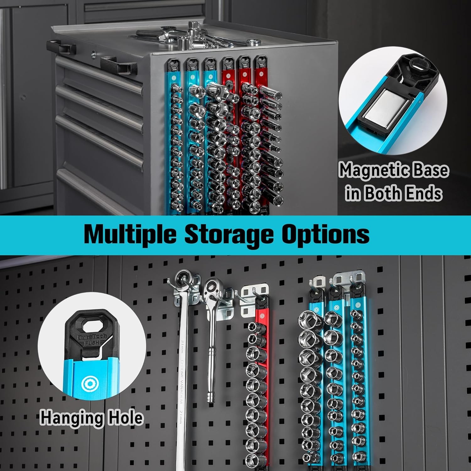 DURATECH 9PCS Magnetic Socket Organizer Set 1/4" 3/8" 1/2" DR Socket Rail Holder