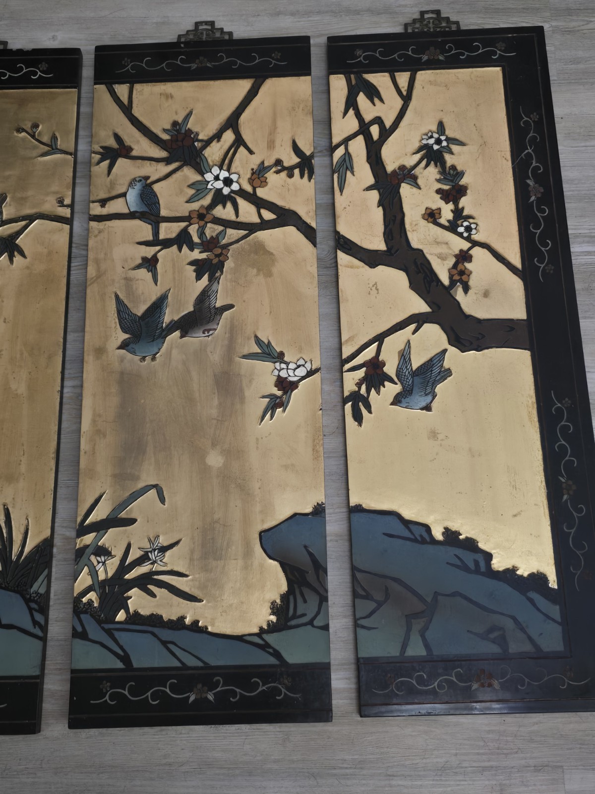 Vtg Gold Coromandel Asian 4 Panels Wall Decor with Bird & Flower Motif