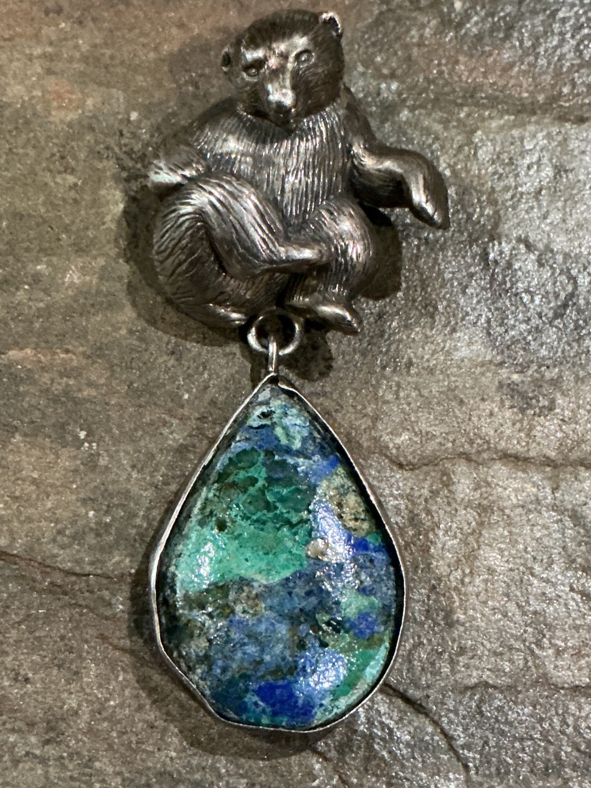 Carol Felley Sterling Silver 3D Bear w Stone Teardrop Pendant/Pin Unique Beauty