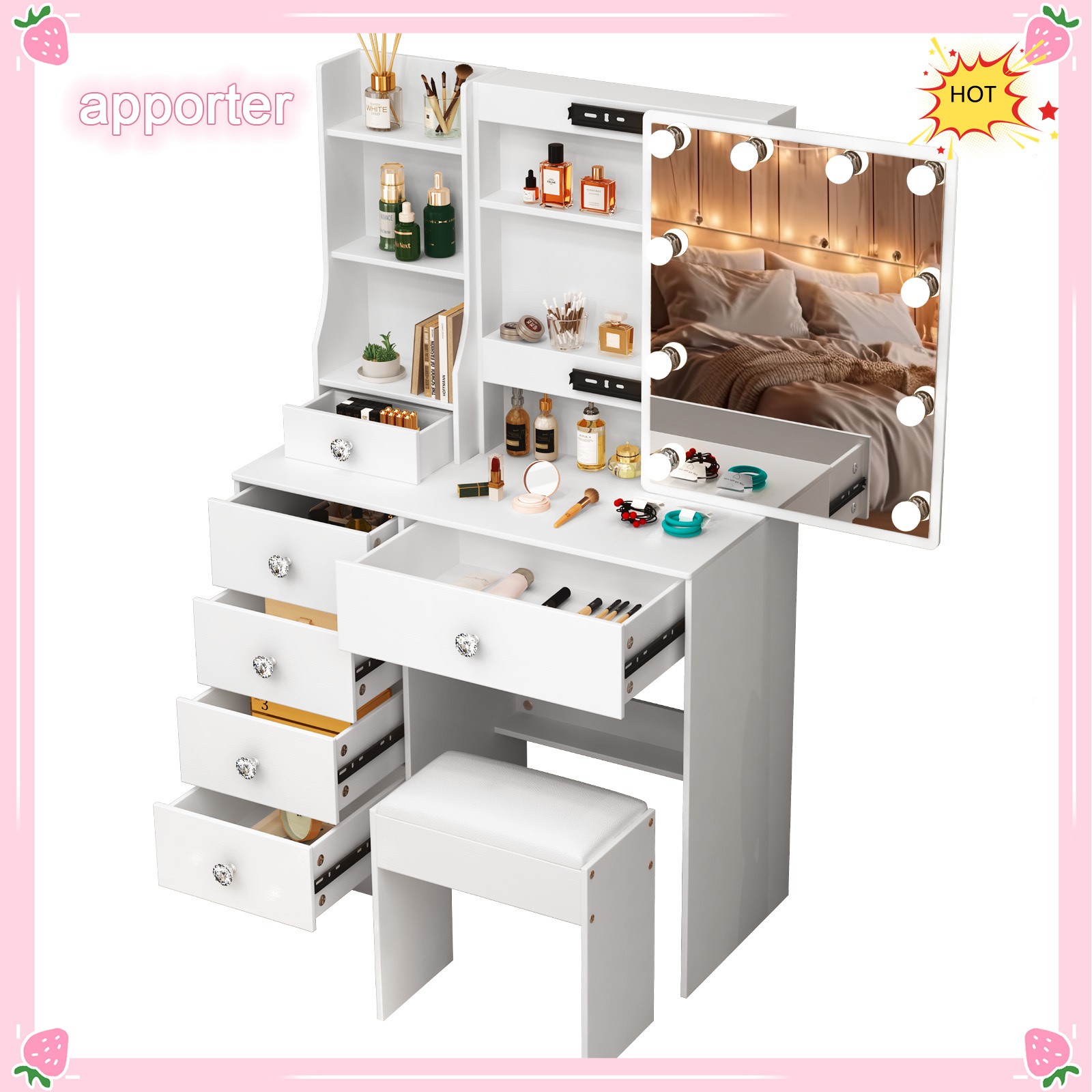 10 LED Lights w/3 Colors Mirror &Drawer Dresser Table Makeup Desk for Xams gifts