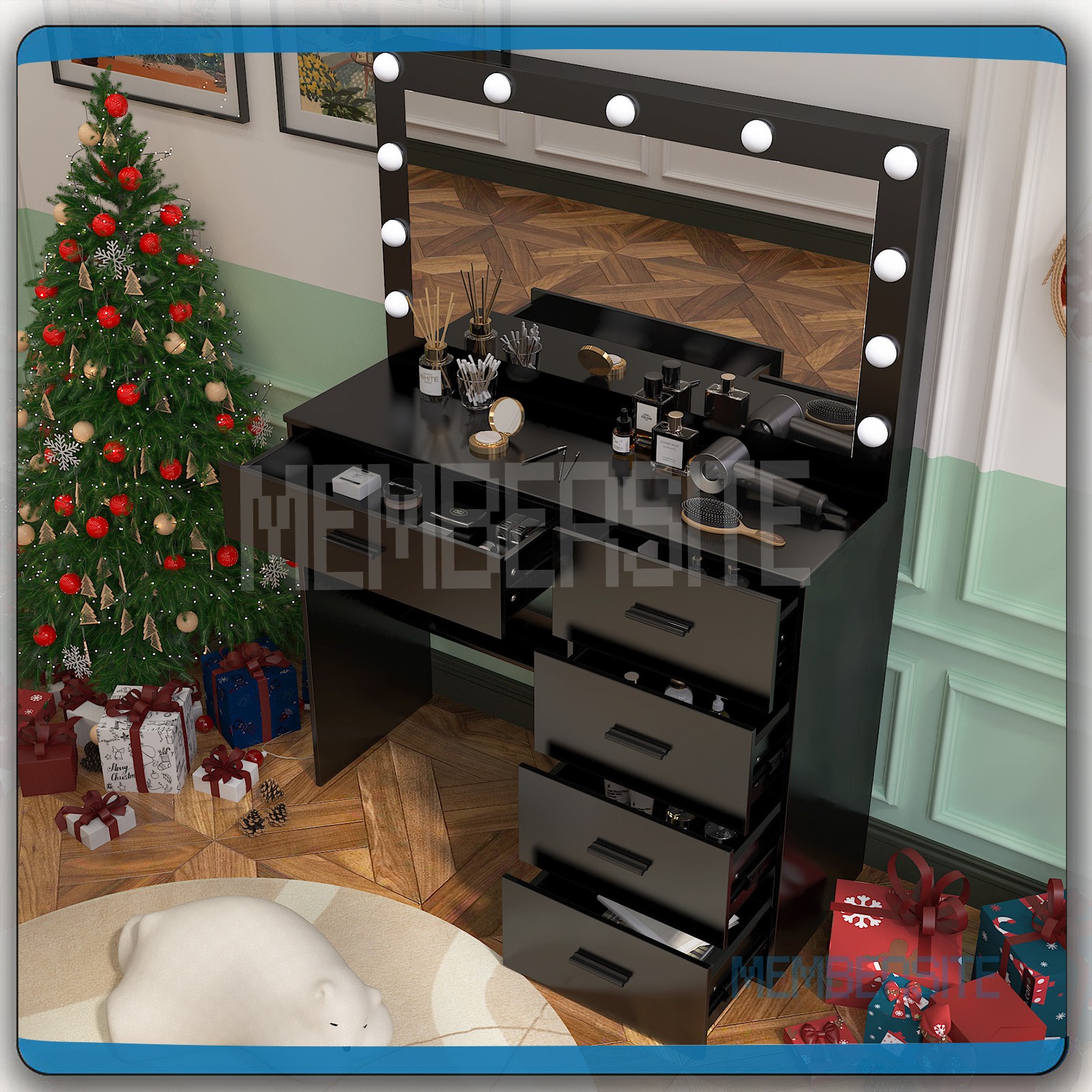 Black Vanity Desk With Large Lighted Mirror 5 Drawers Makeup Dressing Desk Set