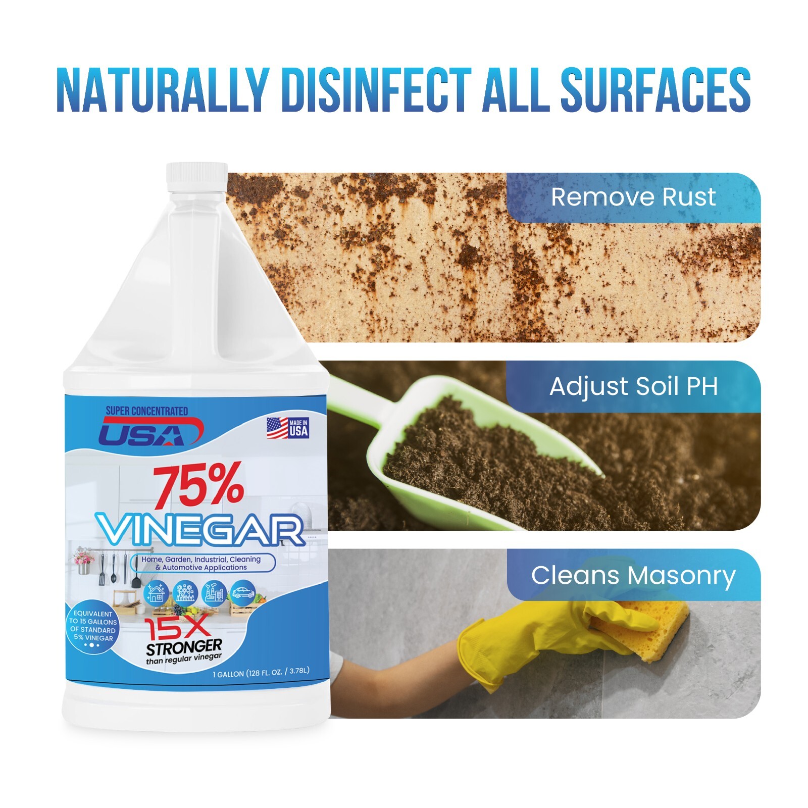 Super Concentrated USA 75% Pure Vinegar - Dilutes to 15 Gallons - 15x Power