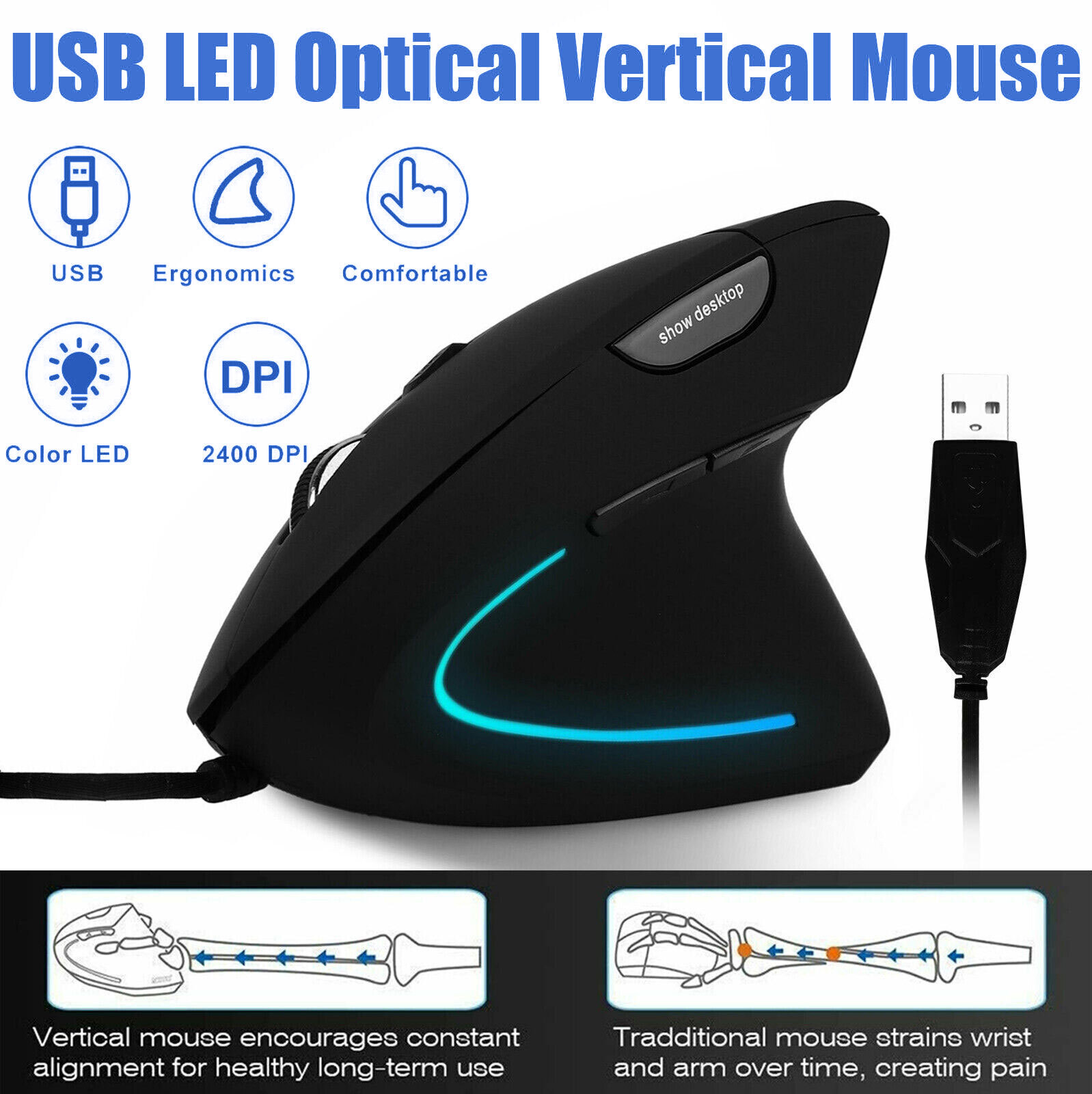Ergonomic Optical Vertical Mouse Mice USB Wired LED Mice 2400 DPI For Laptop PC