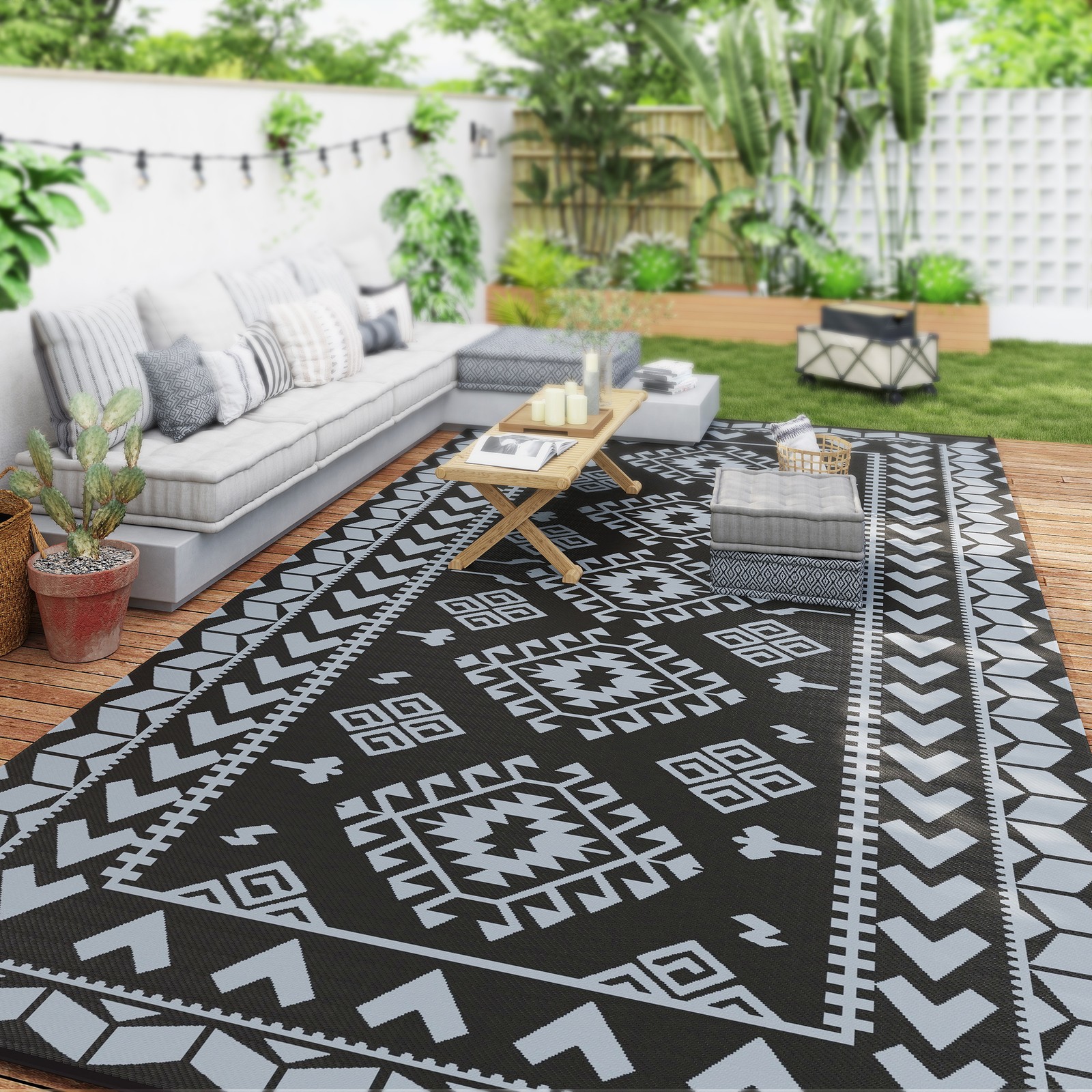 Outsunny Outdoor Rug, 9' x 18' Floor Mat, Black Gray Rhombus Patchwork