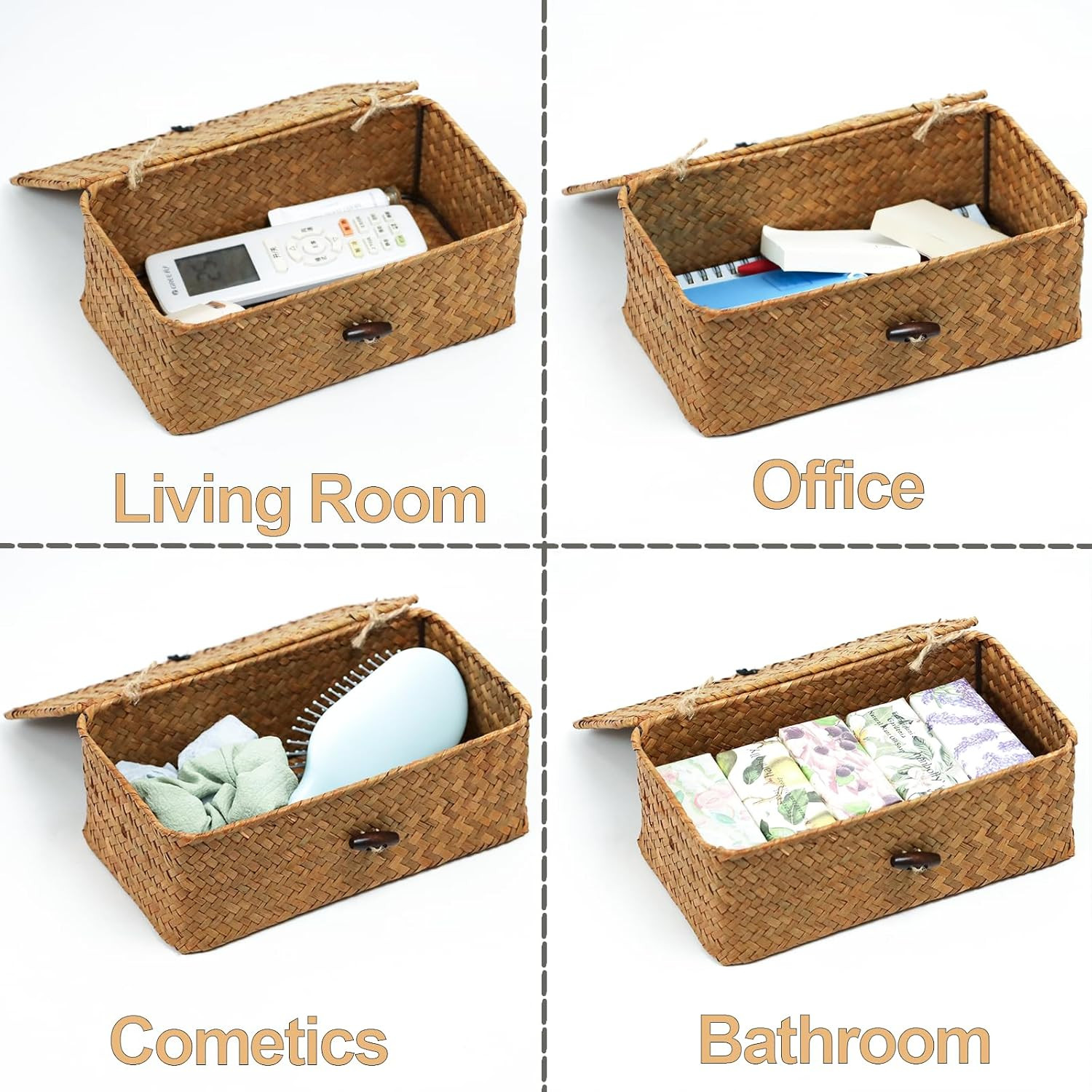 Wicker Storage Basket with Lid, Natural Seagrass Storage Baskets for Organizing,