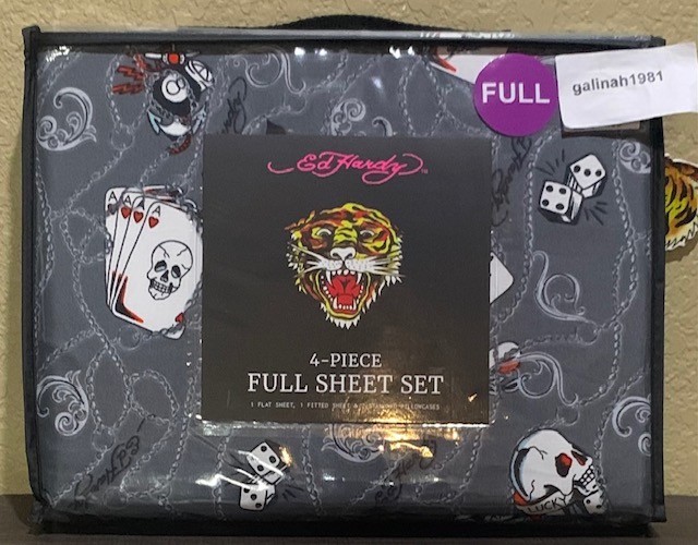 Ed Hardy Grey w/Chains, Cards, Dice, "7", Lucky Skulls &Logos 4pc FULL Sheet Set