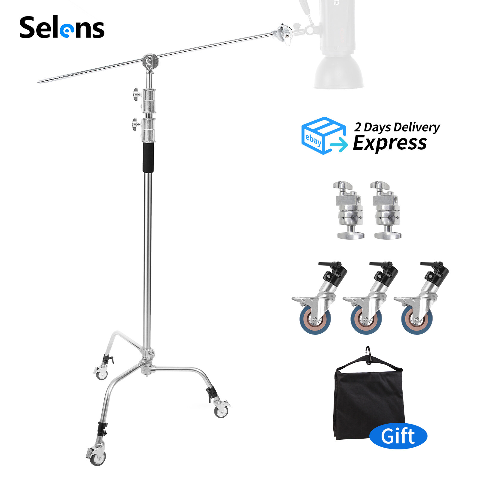 11ft Heavy Duty C Stand Light Tripod Gobo Booms Arm Grip Head Studio With Wheels