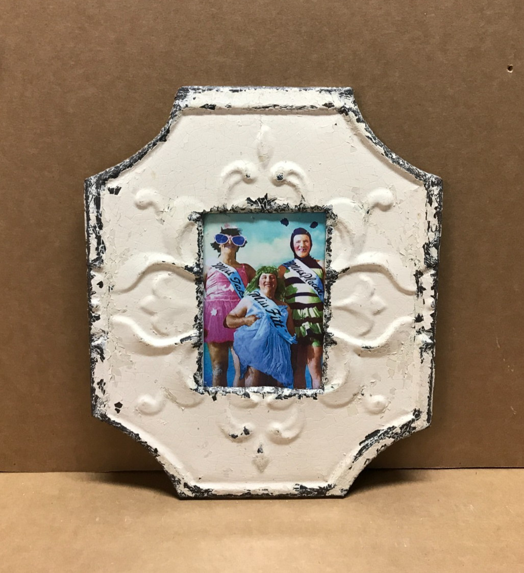 VTG 11x13 Shabby Decorative 4x6 Tin Ceiling White Picture Frame Old 387-26B