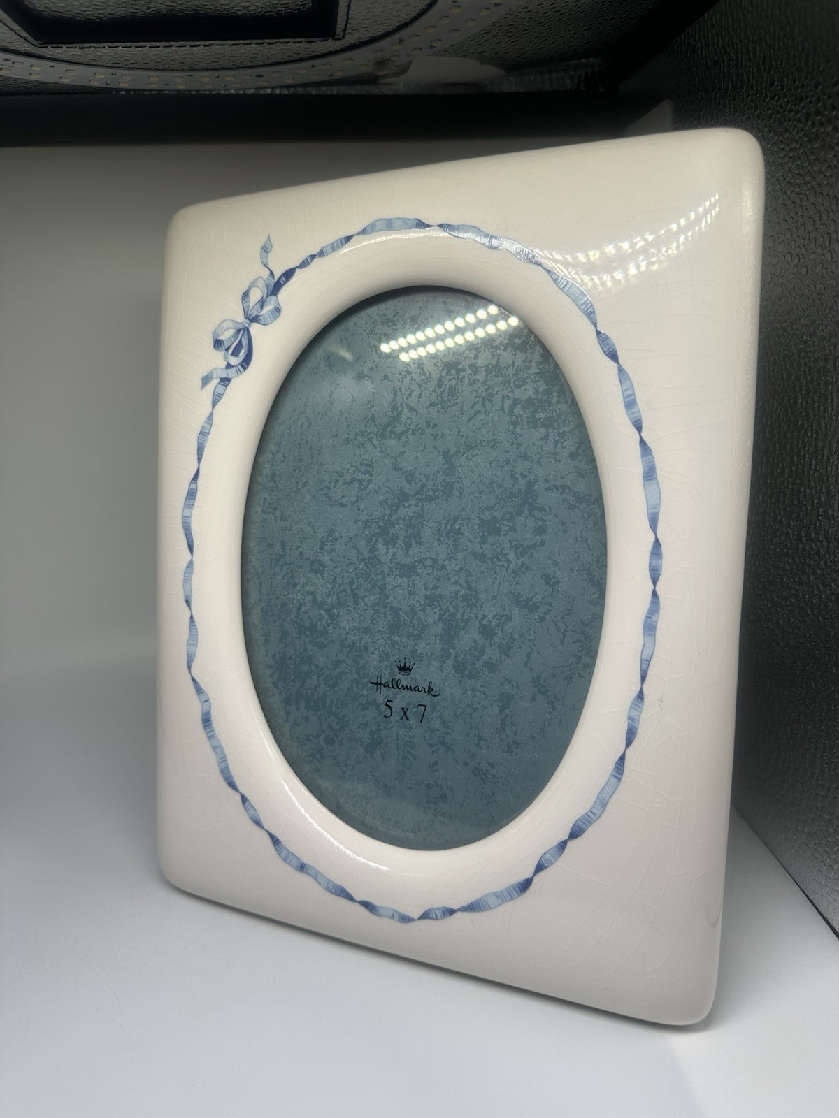 Vintage Hallmark White and Blue Ceramic Picture Frame Oval Fits 5x7 Blue Bow
