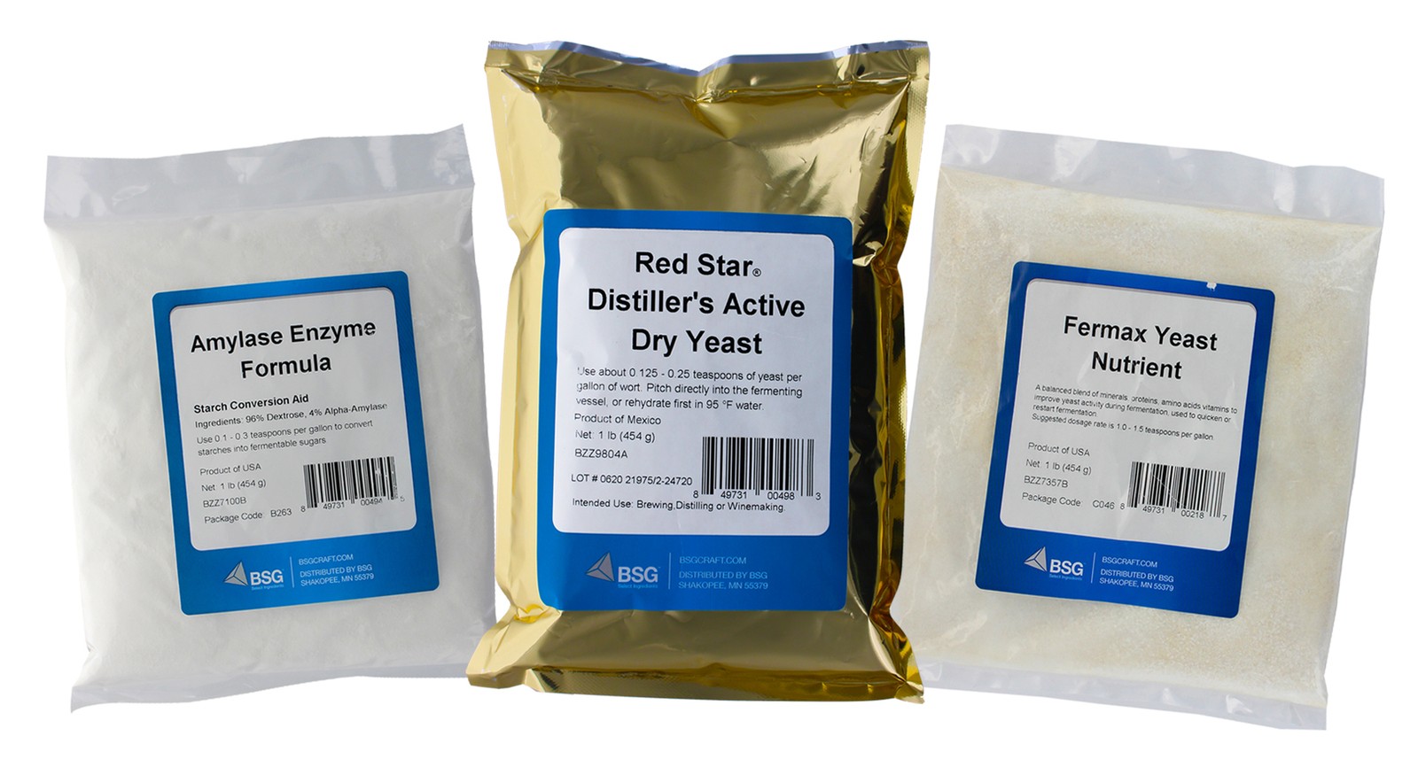 1lb Amylase Enzyme - 1lb DADY Distillers Yeast - 1lb Fermax Nutrient