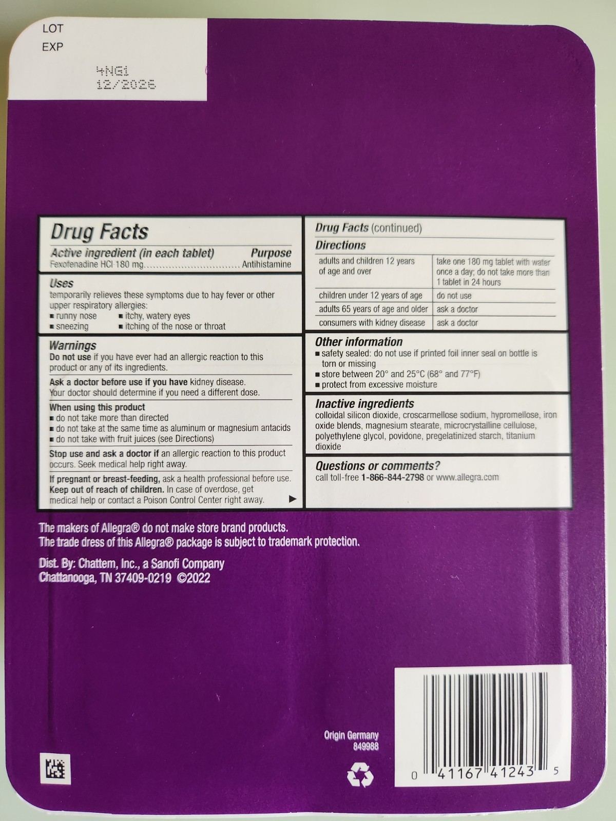 Allegra Allergy 24hr Fexofenadine HCI 180mg antihistamine 110 pill Expire 7/2026