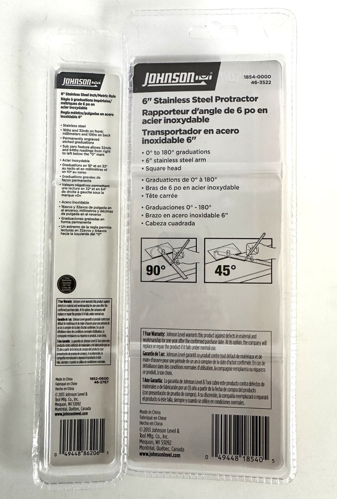 JOHNSON 6" STAINLESS STEEL PROTRACTOR and 6" SS RULER 1854-0000 1852-0600