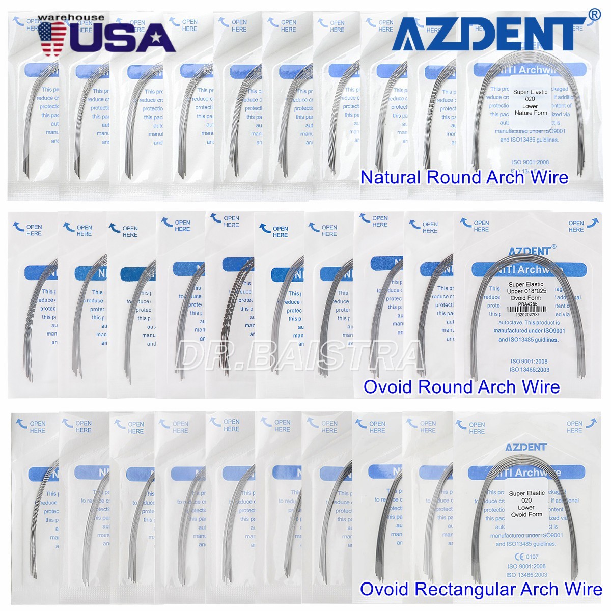 AZDENT Dental Orthodontic Arch Wire Niti Stainless Steel Round Rectangular Ovoid